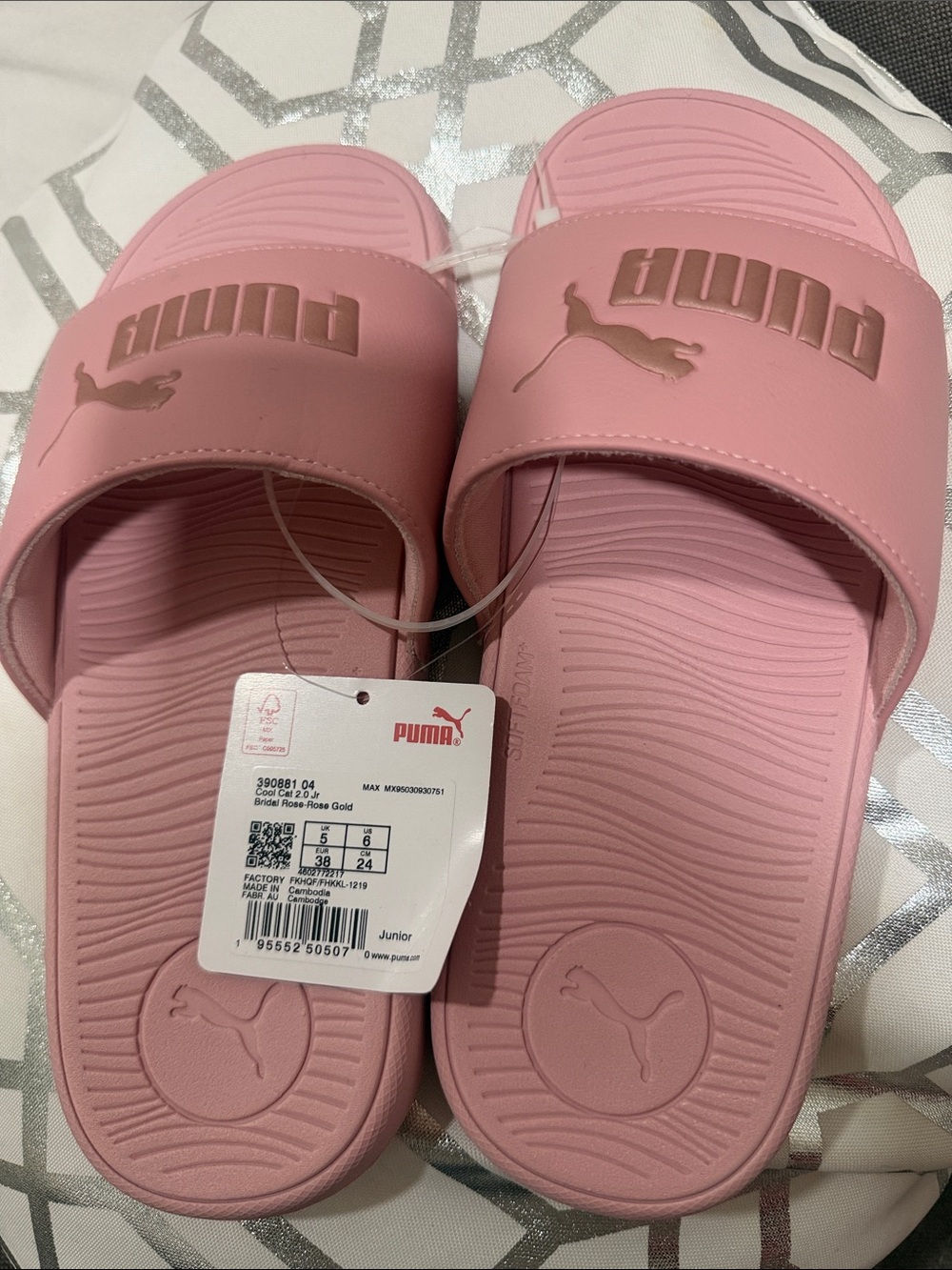 Puma Pink Slides with Rose Gold Logo